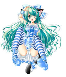 animal_ears cat_ears dress frills green_eyes green_hair high_res highres kamiya_tomoe long_hair original panchira panties pantyshot ribbon spread_legs striped striped_legwear striped_thighhighs thighhighs underwear white_panties wink