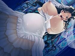 areolae bare_shoulders black_eyes black_hair breast_squeeze breasts bridal_veil church gloves hair_ornament huge_breasts lactation long_hair milk milk_squirt milking necklace nipple_piercing nipple_ring nipples oppai outie pearls piercing pregnant sweat veil wedding_dress white_gloves