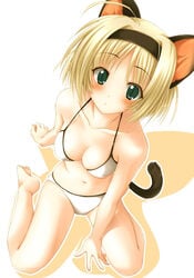 animal_ears bikini blonde_hair blush breasts cat_ears cat_tail cleavage copyright_request green_eyes hairband high_res highres kneeling mizugi oppai oppai_kenmin swimsuit tail