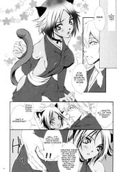 animal_ears bleach blush cat_ears cat_tail dark-skinned_female dark_skin doujinshi english_text highres immature_blue japanese_clothes kisuke_urahara monochrome nekomimi page_14 shihouin_yoruichi tail translated