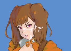 after_fellatio angry bangs brown_hair cum diane_(nanatsu_no_taizai) facial female female_only giantess looking_at_viewer nanatsu_no_taizai open_mouth purple_eyes short_hair twintails unwanted_cumshot v-shaped_eyebrows