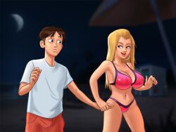 1boy 1girls 2d beach beach_umbrella belly_piercing big_breasts bikini bikini_bottom bikini_top blonde_hair blonde_hair blue_eyes bottomwear bra breasts brown_hair cameltoe cleavage clothed clothing darkcookie digital_drawing_(artwork) digital_media_(artwork) duo ear_piercing earrings female grabbing_partner holding_hand holding_penis huge_breasts light-skinned_female light-skinned_male light_skin long_hair looking_at_another looking_at_partner looking_back main_character_(summertime_saga) male male/female micro_bikini night night_sky nipples nipples_visible_through_clothing panties piercing piercings pussy_lips roxxy_(summertime_saga) shirt shorts sky smile smiling standing summertime_saga tanline tanlines thick_thighs topwear