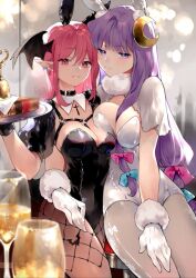 2girls bangs breasts bunny_ears bunnysuit cleavage female fishnets gloves harness head_wings koakuma leotard multiple_girls pantyhose patchouli_knowledge pointy_ears purple_eyes purple_hair red_hair succubus suits touhou