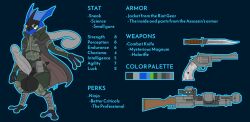 alternate_color anthro armor balls big_balls big_penis camo camo_print chico030 duster_coat energy_weapon firearm generation_6_pokemon genitals greninja gun handgun hi_res knife kure_uwu_(artist) male male/male model_sheet nintendo penis pokemon pokemon_(species) ranged_weapon revolver solo weapon