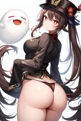 1other ai_generated ass ass_focus blush boo_tao_(genshin_impact) breasts brown_hair butt_crack chinese_clothes female from_behind genshin_impact ghost hat hat_ornament hu_tao_(genshin_impact) huge_ass long_hair looking_at_viewer medium_breasts open_mouth red_eyes shiny shiny_hair shiny_skin sideboob smile thong twintails very_long_hair