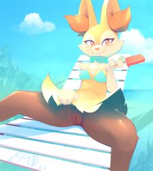 2023 anthro b-epon braixen clothing cloud collar digital_media_(artwork) female food generation_6_pokemon genitals hi_res looking_at_viewer nintendo outside pokemon pokemon_(species) popsicle pussy solo spread_legs spreading