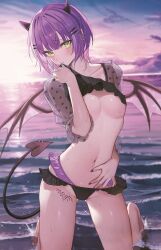 devil_girl devil_horns devil_tail devil_wings frilled_bikini frilled_swimsuit holoforce hololive hololive_japan large_breasts looking_at_viewer painted_fingernails painted_nails pierced_navel sanada_keisui short_hair shy swimsuit_lift tattoo tokoyami_towa virtual_youtuber wet_skin