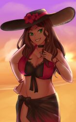 1girls alternate_costume beach bikini breasts brown_hair choker cleavage dorothea_arnault earrings female female_only fire_emblem fire_emblem:_three_houses fire_emblem_heroes green_eyes grin hat large_breasts long_hair nintendo obsidianwasp ocean official_alternate_costume outdoors sarong see-through smile solo sun_hat sunset swimsuit