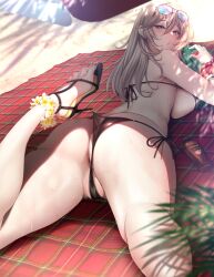 alisa_ilinichina_amiella alternate_costume ankle_flower anus armpit_crease ass back ball beach beach_towel beachball bikini black_bikini black_footwear blonde_hair blue_eyes blurry blurry_foreground blush breasts censored commentary dappled_sunlight day eyewear_on_head female foot_out_of_frame from_behind god_eater hair_between_eyes hatori_mia heart heart-shaped_pupils high_heels highres holding holding_ball holding_beachball large_breasts lips long_hair looking_at_viewer looking_back lotion_bottle lying micro_bikini mosaic_censoring nail_polish on_stomach outdoors paid_reward_available pink_nails plaid plaid_towel puckered_lips pussy pussy_peek sandals shade side-tie_bikini_bottom sideboob solo string_bikini sunglasses sunlight sweat swimsuit symbol-shaped_pupils thighs toenail_polish toenails toes towel watermelon_beachball