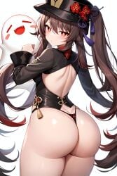 1other ai_generated ass ass_focus blush boo_tao_(genshin_impact) breasts brown_hair butt_crack chinese_clothes female from_behind genshin_impact ghost hat hat_ornament hu_tao_(genshin_impact) huge_ass long_hair looking_at_viewer medium_breasts open_mouth red_eyes shiny shiny_hair shiny_skin sideboob smile thong twintails very_long_hair