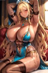 1girls ai_generated ai_love_higokko blonde_hair breasts cleavage female hi_res hips holaraai huge_breasts large_breasts long_hair massive_breasts naughty_face original original_character red_eyes revealing_clothes solo tan tan-skinned_female tanned_skin thick_thighs thighs wide_hips
