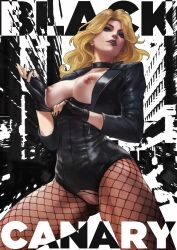 black_canary blonde_hair choker dc dcau exposed_breasts exposed_pussy fingerless_gloves fishnets functionally_nude green_arrow_(series) high_resolution jacket leotard monorirogue poster text torn_clothes