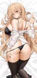 1girls :( alternate_costume ass azur_lane black_bra black_panties blonde_hair blush bra breasts clothing collar female female_only glasses huge_ass implacable_(azur_lane) implacable_(shepherd_of_the_"lost")_(azur_lane) large_breasts legs_together light-skinned_female light_skin lingerie long_hair lying_on_stomach matching_underwear official_alternate_costume panties royal_navy_(azur_lane) solo taking_off_panties thighhighs tony_guisado