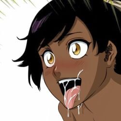 1boy black_hair bleach bleach:_the_thousand-year_blood_war blush cum cumshot cumshot_on_face dark-skinned_femboy dark-skinned_male dark_skin facial femboy purple_hair shihouin_yuushirou tongue tongue_out trap yellow_eyes yushiro_shihouin