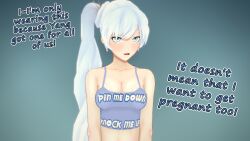 1girls 3d before_sex blue_eyes blush cleavage clothes_writing combatwombat dialogue female instructional_clothing knock_me_up_shirt koikatsu_(medium) pin-me-down_shirt rwby small_breasts tagme tank_top text tiara upper_body weiss_schnee white_hair