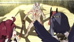 1girls 2boys arataki_itto body_markings derivative_work female funny genshin_impact horns implied_small_penis kill_la_kill kujou_sara male male_focus nude nude_male nudity oni oni_horns public_nudity red_horns reference reference_work shikanoin_heizou small_penis sword tattoo tengu white_hair wings