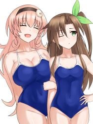 2girls big_breasts brown_hair cleavage closed_eyes compa compile_heart cream_hair green_eyes hair_ornament hand_on_hip headband holding_arm idea_factory if_(neptunia) light-skinned_female long_hair looking_away neptunia_(series) one_eye_closed open_mouth shiny_skin simple_background small_breasts swimsuit thighs zatsu