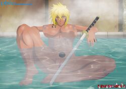 1girls big_breasts bleach blonde_hair breasts completely_nude completely_nude_female dark-skinned_female dark_skin dinosknight feet female hot_spring huge_breasts legs nipples partially_submerged soles solo solo_female spread_legs sword tia_harribel voluptuous voluptuous_female water