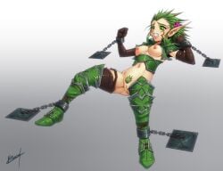 ankle_cuffs bondage breasts chained clenched_teeth cuffs gnome gnome_female green_hair karosu-maker lini pathfinder pointy_ears pubic_hair pussy shackles tattoo wrist_cuffs