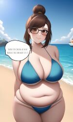 ai_generated bbw belly bikini blizzard_entertainment blue_bikini brown_eyes brown_hair chubby chubby_female large_breasts light-skinned_female light_skin mei_(overwatch) novelai overwatch pov solo speech_bubble stomach tummy xdk141