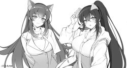 2girls :3 :o absurdres animal_ear_fluff animal_ears arms_behind_back artist_name black_hairband blush breasts cat_ears chest_strap coat collarbone collared_shirt counter:side cropped_jacket crossed_bangs dog_ears fake_animal_ears female female_only gloves greyscale hair_between_eyes hair_ornament hairband hand_up head_tilt highres holding_ears hood hooded_jacket jacket large_breasts long_hair long_sleeves looking_at_viewer maett monochrome multiple_girls necktie oerba_yun_fang open_clothes open_jacket ponytail seo_yoon shirt sidelocks snap-fit_buckle upper_body very_long_hair white_background yoo_mina