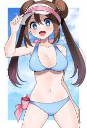 1female 1girls belly belly_button bikini bikini_bottom bikini_top blue_bikini blue_bikini_bottom blue_bikini_top blue_eyes blue_sky blush blush_lines blushing blushing_at_viewer blushing_profusely boobs breasts brown_hair clouds curves female female_only hand_on_side hand_on_thigh light_blue_bikini light_blue_eyes long_hair long_nails looking_at_viewer nintendo open_mouth pigtail pigtails pink_ribbon pokemon pokemon_bw2 rosa_(pokemon) shiny_skin solo swimsuit tagme visor visor_cap voluptuous voluptuous_female yuihico