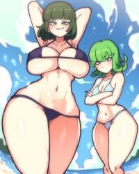 2girls arms_behind_back big_breasts bikini bikini_bottom bikini_top black_bikini blue_bikini bottomwear breasts cleavage dark_green_hair dice_coffeedox draw_the_dice esper_sisters female female_only fubuki_(one-punch_man) green_eyes green_hair hands_behind_head hips large_breasts looking_at_viewer multiple_girls one-punch_man short_hair sisters small_breasts smile striped_bikini swimwear tatsumaki thick_thighs thighs topwear wide_hips