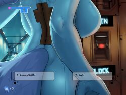 anthro ass back back_view backboob big_breasts bodysuit breasts canid canine cassandra_(ozoneserpent) collarbone decision door drone female fox furry hallway life_(gaming) mammal map original original_character ozoneserpent tail text