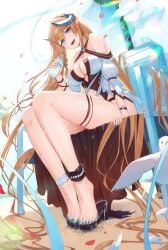 absurdly_long_hair arknights daylight feet hair_on_floor large_breasts painted_toenails saileach_(arknights) sitting sitting_on_chair swimsuit thighs water water_bottle