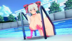 3d alternate_breast_size alternate_hairstyle cleavage curvy huge_ass huge_breasts koikatsu maou_gakuin_no_futekigousha misha_necron pink_swimsuit pool school_swimsuit shortstack sideboob swimsuit white_hair