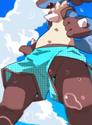 2022 4_fingers anthro balls beach black_body black_fur blue_body blue_fur cloud fangs fingers fist flaccid fur generation_4_pokemon genitals happy humanoid_genitalia humanoid_penis low-angle_view lucario male moesouna_gomi navel nintendo open_mouth penis pokemon pokemon_(species) sea seaside sky solo swimwear_only tail teeth water wet