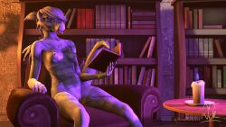 3d anthro book bookshelf breasts candle colored_fire digital_media_(artwork) dragon female fire furniture genitals hi_res inside neatnick nipples petrification purple_fire pussy reading scalie sitting small_breasts smile solo source_filmmaker tongue tongue_out