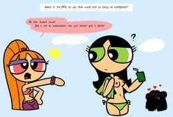 2girls aged_up ask_blog bikini_bottom bikini_bottom_only blossom_(powerpuff_girls) breasts buttercup_(powerpuff_girls) cartoon_network dialogue green_bikini_bottom green_eyes juice_box light-skinned_female long_hair multiple_girls nipples no_fingers orange_hair outdoors pink_eyes ponytail powerpuff_girls sisters topless xierra099