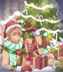 bara blue_eyes bondage brown_hair bruno bruno_(vocaloid) candy_cane christmas christmas_tree curly_hair gay gift goatee jombagqueen light-skinned_male light_skin male male_only mistletoe muscular muscular_male present ribbon ribbon_bondage ribboned_body santa_hat vocaloid vocaloid_3 vocaloid_bruno yaoi