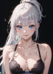 ai_generated bangs black_background black_bra blue_eyes bow_bra bra cum cum_on_body cum_on_breasts dark_background female lingerie looking_at_viewer medium_breasts plain_background ponytail ribbon_bra silver_hair smile smiling upper_body