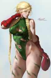 aleriia_v battle blonde_hair bodysuit cammy_white capcom damaged_clothes elbow_gloves fit_female lerapi small_breasts street_fighter thick_thighs twintails