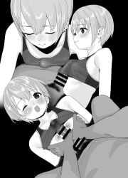 1boy 1girls black_background breasts buta_tsuzumi cum female greyscale hair_between_eyes highres idolmaster idolmaster_cinderella_girls male_pubic_hair monochrome naizuri naizuri_under_clothes otokura_yuuki paizuri paizuri_under_clothes penis pubic_hair short_hair simple_background small_breasts sports_bra straight