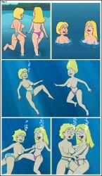 2girls american_dad ass backview battle bikini bikini_bottom blonde_hair blue_bikini_bottom breasts cameltoe comic crossover erect_nipples francine_smith front_view gina_jabowski hand_on_breast lake long_hair masturbation masturbation_through_clothing milf multiple_girls nipples paradise_pd pink_bikini_bottom sexfight sexfightfun short_hair smiley_face swimsuit tan_body tan_lines tan_skin underwater underwater_sex water wedgie yuri