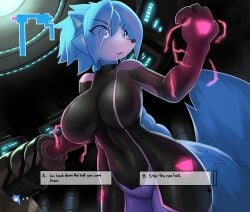 anthro aqua_eyes big_breasts blue_hair bodysuit braid braided_hair braided_ponytail breasts canid canine cassandra_(ozoneserpent) collarbone decision electricity english_text female fox furry indoors life_(gaming) mammal map navel navel_visible_through_clothes original original_character ozoneserpent png ponytail power_up tail text thick_thighs wide_hips