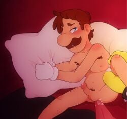 2boys anal anal_licking ass blue_eyes blush bodily_fluids bowser bowuigi brown_hair color colored completely_naked completely_naked_male completely_nude completely_nude_male couple digital_drawing_(artwork) digital_media_(artwork) duo erection gay grabbing_legs half-closed_eyes interspecies koopa licking_ass long_tongue looking_pleasured luigi male male/male male_only mario_(series) mustache nintendo nipples not_ai_generated nude open_mouth penis pillow_grab pleading pleasure_face precum pubic_hair red_background romantic_ambiance shaded simple_background soft spread_legs tears_of_pleasure tongue uncensored yaoi