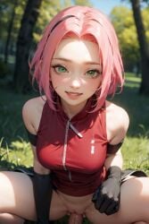 ai_generated aigeneratedp blushing cowgirl_position cute_face green_eyes haruno_sakura looking_at_viewer male_pov naruto naruto_shippuden pink_hair pov pov_eye_contact riding riding_penis sakura_haruno