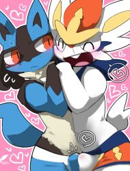 2022 anthro blue_body blue_fur blush buckteeth cinderace clothed clothing duo embarrassed embrace face_squish frottage fur generation_4_pokemon generation_8_pokemon hand_holding happy heart lucario male male/male moesouna_gomi nintendo open_mouth pokemon pokemon_(species) red_eyes sex squish tail teeth tenting underwear underwear_only white_body white_fur