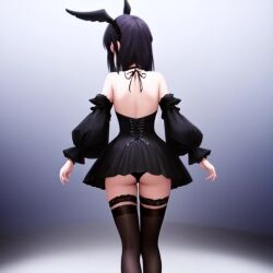 1girls ai_generated aihentai.co anything_diffusion arm_warmers ass back_view black_dress black_hair black_thighhighs dress dress_lift female goth goth_girl hair_ornament original_character pale_skin pantsu rear_view solo stable_diffusion thighhighs