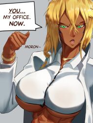 1girls abs bleach blonde_hair breasts brown_skin castell dark-skinned_female dark_skin english_text facial_markings female green_eyes huge_breasts midriff speech_bubble teacher tia_harribel underboob white_clothing wip work_in_progress