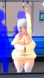 3d alternate_breast_size alternate_hairstyle cleavage curvy holding_smartphone huge_ass huge_breasts koikatsu maou_gakuin_no_futekigousha misha_necron no_bra oversized_clothes oversized_sweater school_swimsuit shortstack sideboob sweater thighhighs train train_interior twintails white_hair