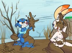 2023 absurd_res anthro ashimari breasts covered_in_mud dated female female/female generation_7_pokemon generation_8_pokemon hi_res hibanny messy mud nintendo open_mouth pokemon pokemon_(species) popplio scorbunny sebaku slightly_chubby swamp