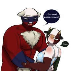 1boy 1girls blue_skin chest_hair countryhumans countryhumans_girl female green_skin hairy_chest idkcocco male mexico_(countryhumans) muscular muscular_male pubic_hair red_skin russia_(countryhumans) simple_background spanish_text text white_background white_skin