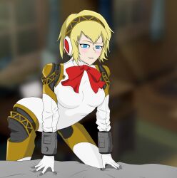 1girl 1girls 2022 2d 2d_(artwork) aegis_(persona) aigis_(persona) ass ass_from_the_front atlus bed big_breasts blonde_hair blue_eyes blurred_background blurry_background blush blushing bow breasts color colored female_only gynoid jetteyes leaning_forward looking_at_viewer megami_tensei persona persona_3 robot robot_girl smile solo solo_female white_clothing