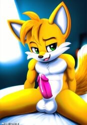 1anthro 1boy 1male ai_generated anthro balls ballsack blonde_hair canine canis cheek_tuft cum cum_drip erection fox genitals green_eyes halfaslime humanoid_penis male male_only mammal muscular muscular_anthro muscular_male nuts nutsack sheath short_hair solo_male sonic_(series) sonic_the_hedgehog_(series) tails yellow_fur