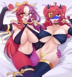 2girls big_breasts bow countryhumans countryhumans_girl countryhumans_oc covered_nipples eyebrows_visible_through_hair female female_only fevie_(markai_cat) horns long_hair markai_cat multicolored_body multicolored_hair multicolored_skin red_hair twintails underwear white_body white_skin yuri zaryskova_(screendisplayer)